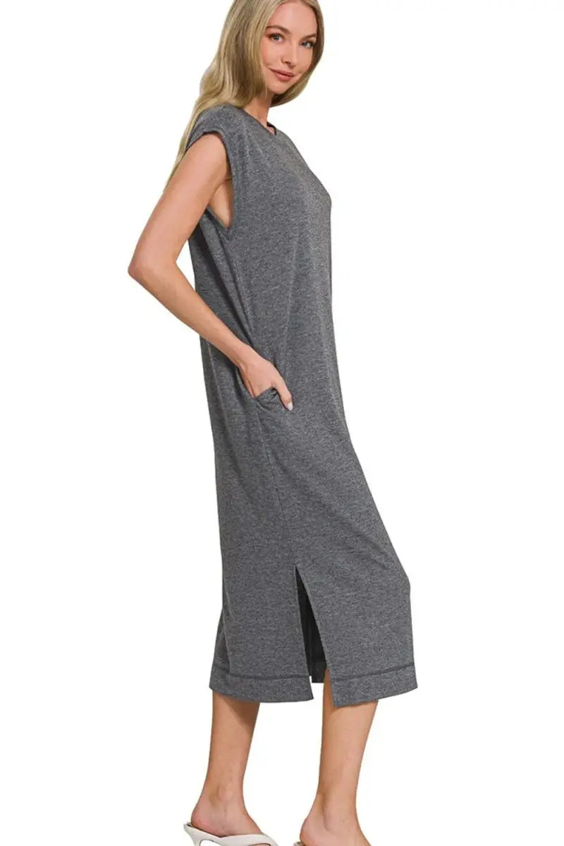 Zenana French Terry Sleeveless Round Neck Midi Dress for Women - Love Salve